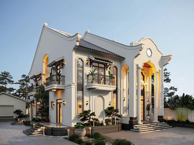 Thiet ke nha vuon 2 tang phong cach A Dong, hai hoa voi canh quan