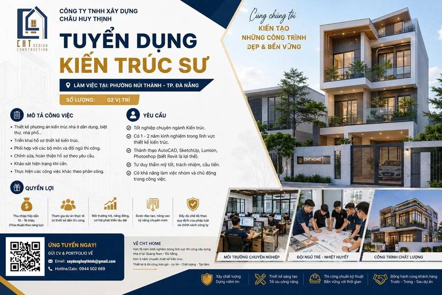 CHT HOME Tuyển Dụng Kiến Trúc Sư Tại Đà Nẵng 2026 | Thu Nhập 10–16 Triệu, Cơ Hội Phát Triển Lâu Dài