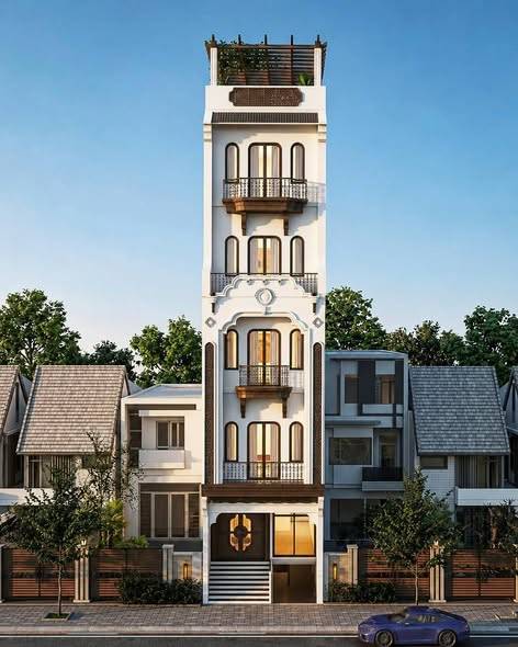 thiết kế mặt tiền chung cư 5 tầng phong cách indochine